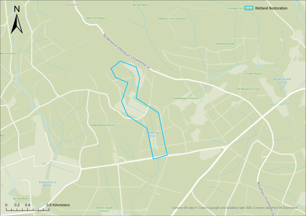 Map of Knightwood area showing a blue outlined route near Boldrewood Arboretum Ornamental Dr and Winding Shoot