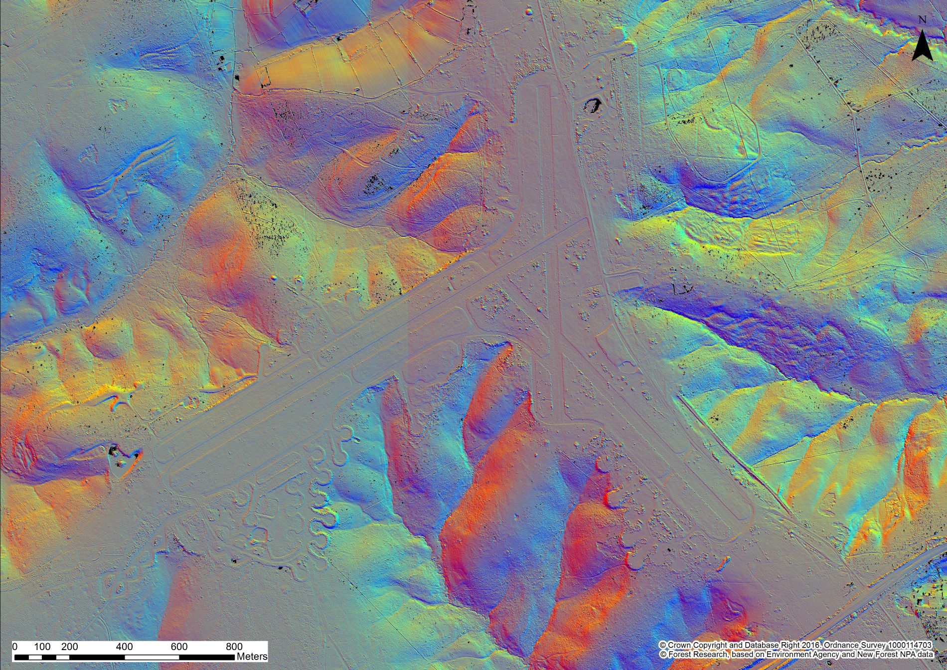 LiDAR relief map of RAF Stoney Cross Airfield showing intersecting runways and surrounding terrain in false color with north arrow and scale bar