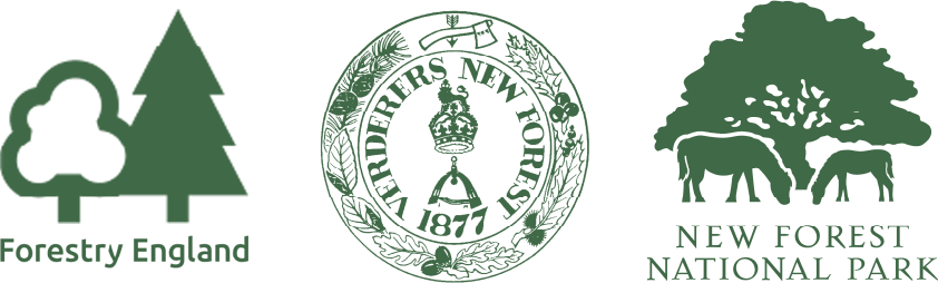 Forestry England logo and New Forest National Park logo with the Verderers of the New Forest 1877 seal between them